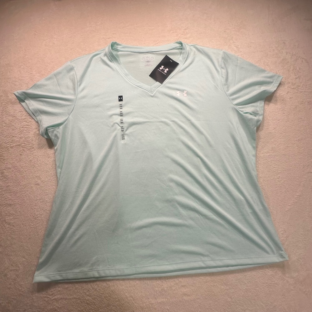 Under Armour Women Tech V-Neck Short Sleeve T-Shirt Aqua Blue 2XL NWT